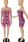 Pink Sexy Print Split Joint Strapless Skinny Jumpsuits