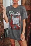 Vintage Ripped Crew Neck Guitar Graphic Long T-shirt