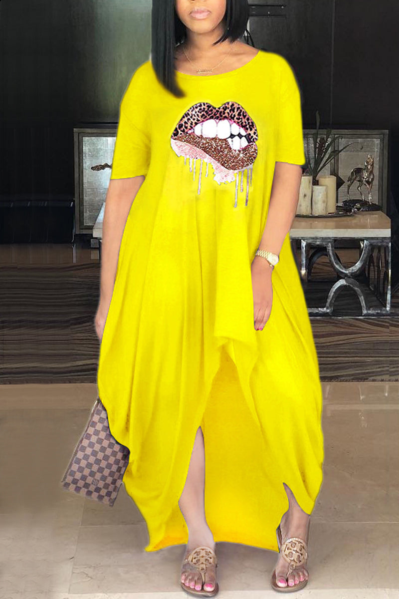 Yellow Fashion Casual Regular Sleeve Short Sleeve O Neck Printed Dress Floor Length Lips Printed Dresses