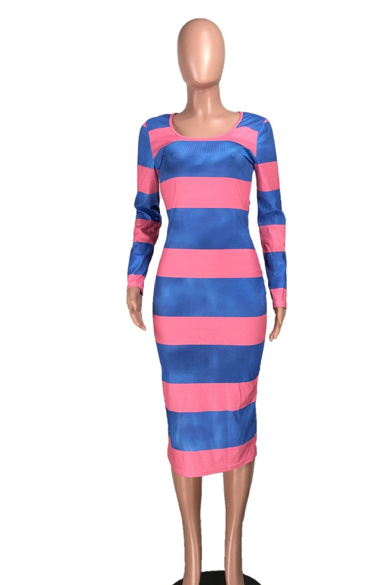 Pink Casual Striped Print Split Joint U Neck Pencil Skirt Dresses