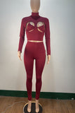 Burgundy Sexy Solid Hollowed Out Split Joint Half A Turtleneck Long Sleeve Two Pieces