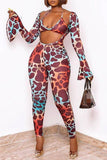 Multicolor Fashion Sexy Print Hollowed Out V Neck Skinny Jumpsuits (With Bra)