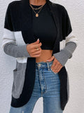 color block long sleeve cardigan sweater with pockets