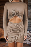 Khaki Long Sleeve Cut-out Twist Ruched Bodycon Mini Dress