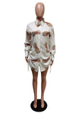Light Brown Fashion Casual Print Bandage Hollowed Out Turndown Collar Long Sleeve Dresses