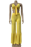 Yellow Sexy Solid Split Joint Knotted Spaghetti Strap Sleeveless Two Pieces