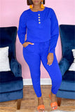 Blue Fashion Casual Solid Split Joint U Neck Regular Jumpsuits