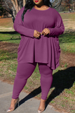 Purple Casual Solid Split Joint O Neck Plus Size Two Pieces