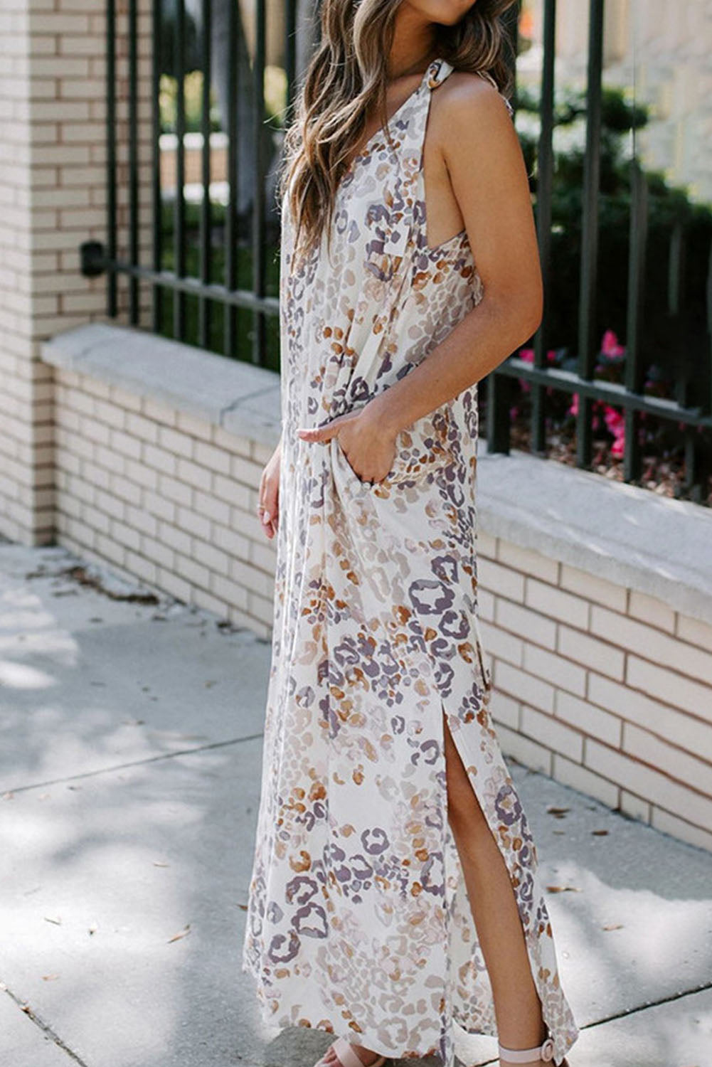 Romantic V-Neck Printed Sleeveless Slit Maxi Dress