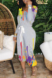 Grey Casual Print Split Joint O Neck Straight Jumpsuits