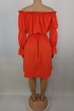Tangerine Red Casual Solid Split Joint Off the Shoulder Straight Dresses