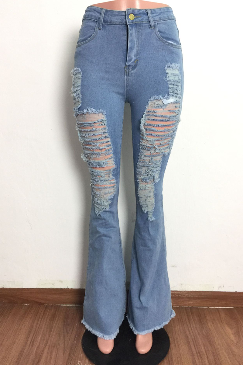 Light Blue Sexy Solid Ripped Mid Waist Boot Cut Denim Jeans