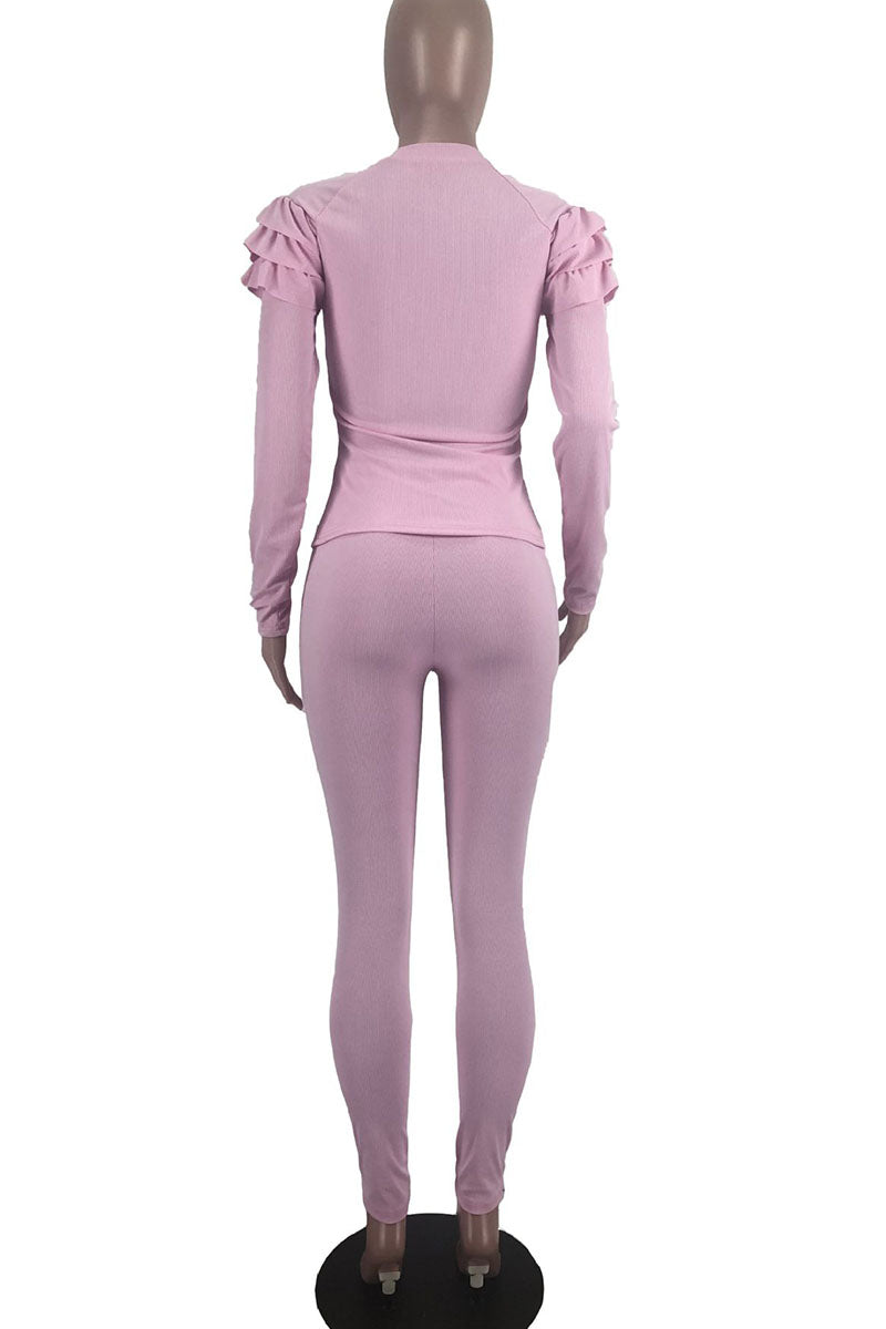 Pink Casual Solid Split Joint Flounce Pearl O Neck Long Sleeve Two Pieces