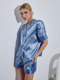 printed button front top and paperbag shorts satin set