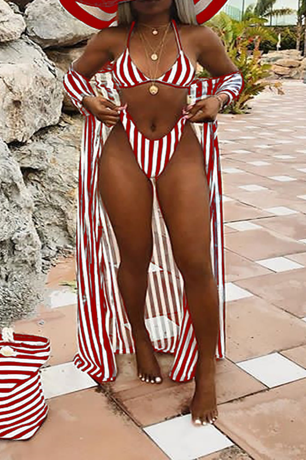 women's beach swimsuit three peice sets woman striped printed bikini suit