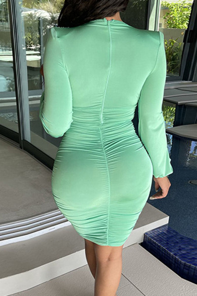 Mint green Sexy Solid Split Joint Fold V Neck Pencil Skirt Dresses