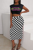 Black Casual Plaid Print Split Joint O Neck Two Pieces