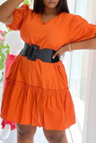 Tangerine Red Casual Solid Split Joint V Neck Cake Skirt Dresses