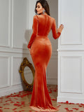 velvet plunge ruched floor length dress