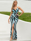 striped backless front split maxi sheath dress