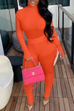 Tangerine Red Casual Solid Split Joint Fold Turtleneck Long Sleeve Two Pieces