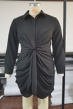 Black Casual Solid Bandage Split Joint Fold Turndown Collar Shirt Dress Plus Size Dresses