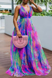 Fashion Floor Length Dress new style sling strapless tie-dye big swing dress ladies v-neck dress wholesale