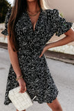 Ruffled Sleeve V-neck Floral Print Button Mini Dress