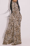 Leopard Print Sexy Print Leopard Bandage Split Joint V Neck Long Sleeve Two Pieces