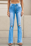 button fly distressed mid rise flare jeans