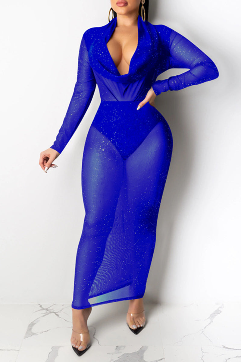 Blue Fashion Sexy Bronzing See-through O Neck Long Sleeve Dresses