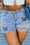 Baby Blue Fashion Casual Butterfly Print Ripped High Waist Jeans