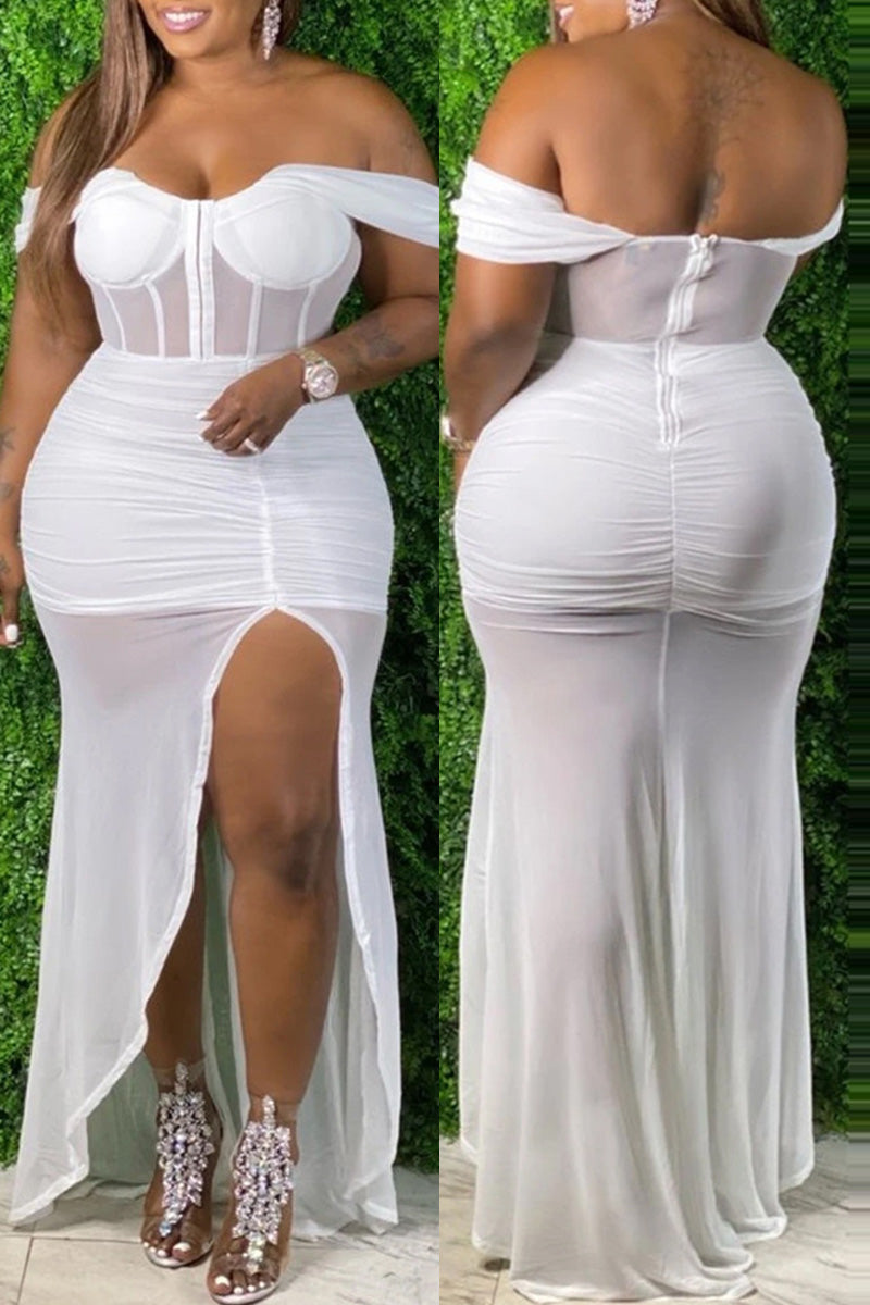 White Sexy Plus Size Solid See-through Backless Slit Sleeveless Dress
