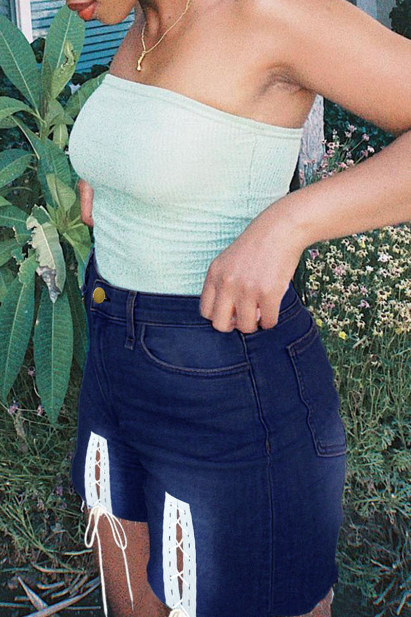 Medium Blue Fashion Casual Solid Bandage High Waist Regular Jeans