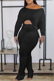 Black Sexy Solid Draw String O Neck Plus Size Two Pieces