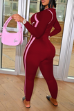 Burgundy Sexy Solid Split Joint O Neck Skinny Jumpsuits
