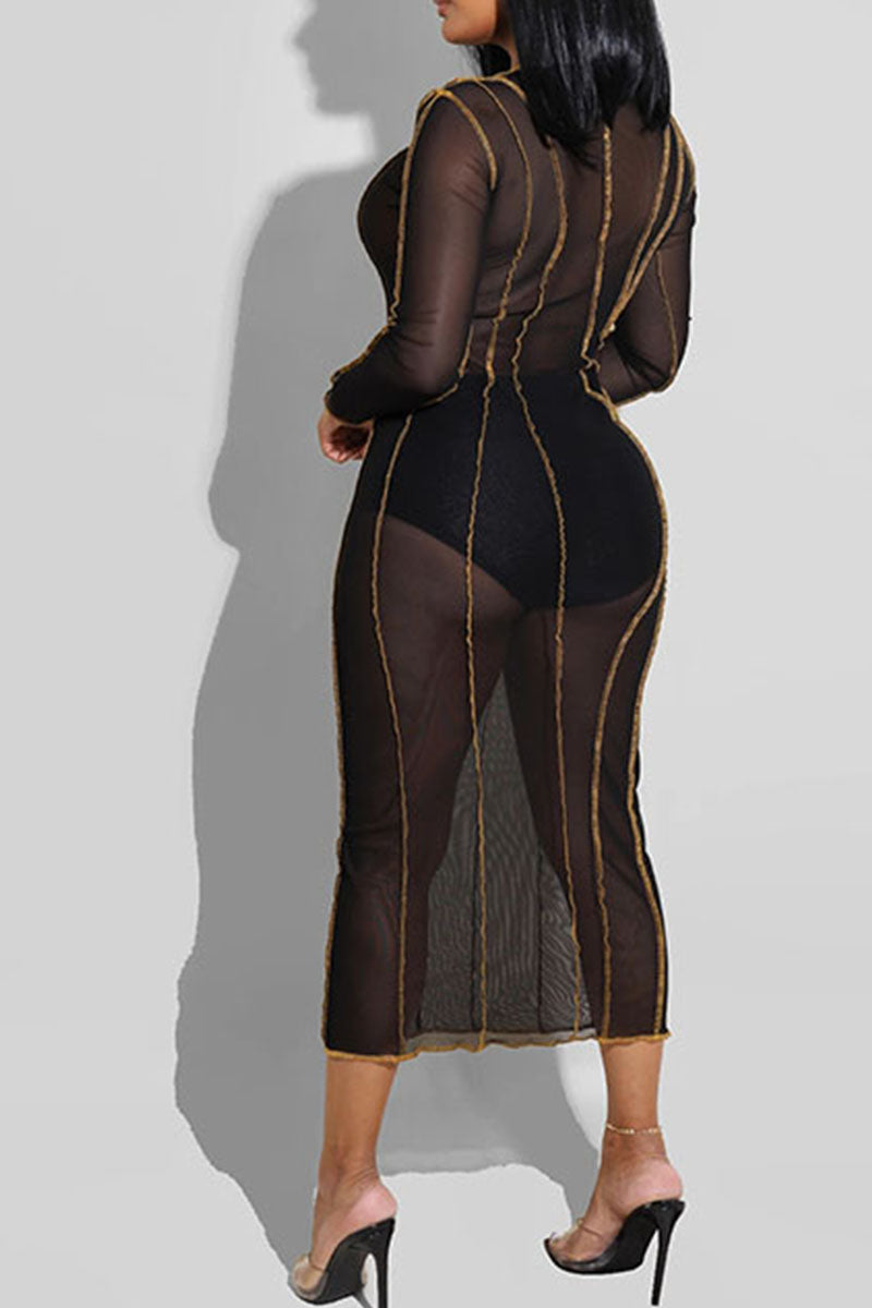 Beige Sexy Solid Split Joint See-through O Neck Pencil Skirt Dresses