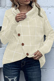 Khaki Button Wrap Turtleneck Pullover Plaid Print Knit Sweater