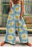 Yellow Casual Print Split Joint Square Collar Straight Jumpsuits