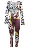 Coffee Sexy Leopard Hollowed Out Halter Long Sleeve Two Pieces