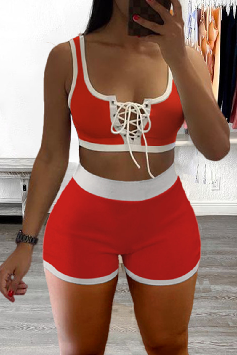 Red Sexy Solid Draw String U Neck Sleeveless Two Pieces