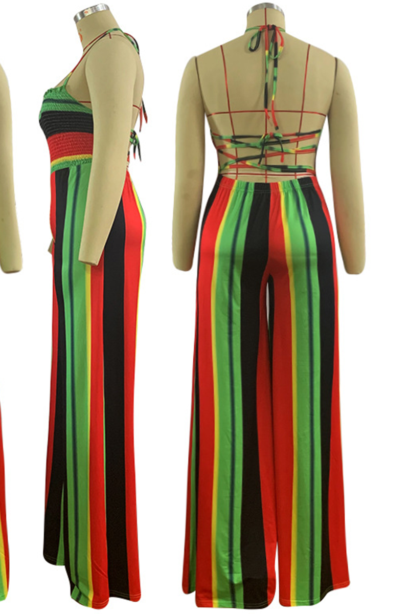 Rainbow Color Sexy Striped Split Joint Halter Loose Jumpsuits