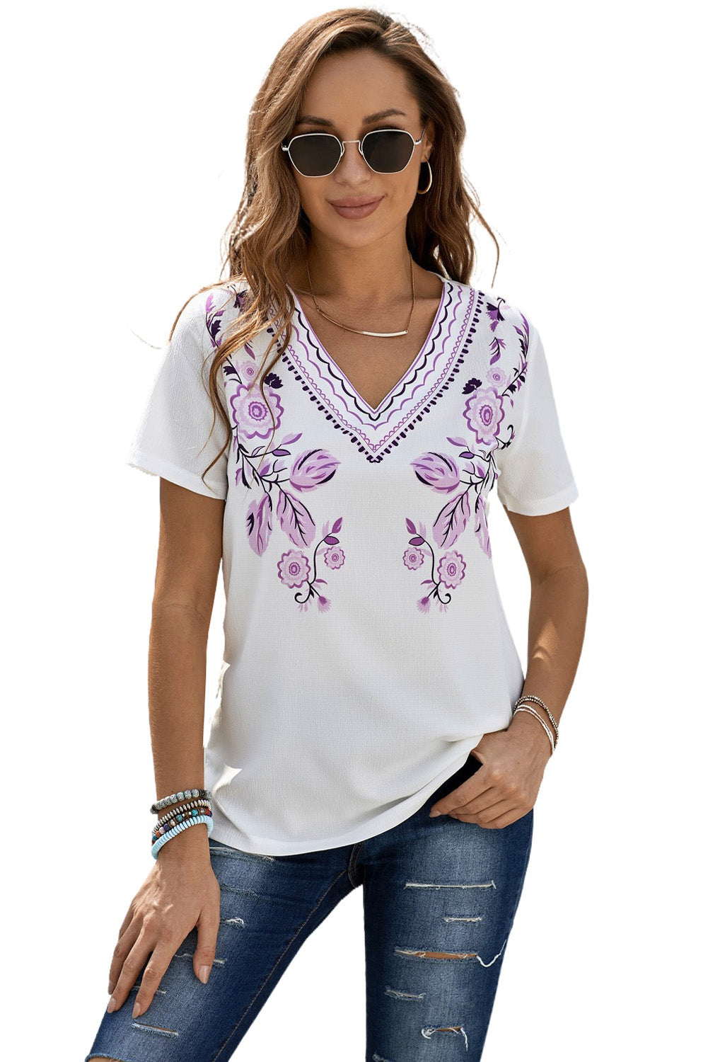 Floral Embroidery V Neck Short Sleeve Top