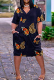 Black Fashion Casual Plus Size Butterfly Print Basic V Neck Short Sleeve Dress