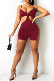 Burgundy Sexy Solid Hollowed Out Chains Backless Zipper Spaghetti Strap Skinny Romper