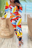 Tangerine Casual Print Split Joint O Neck Long Sleeve Two Pieces