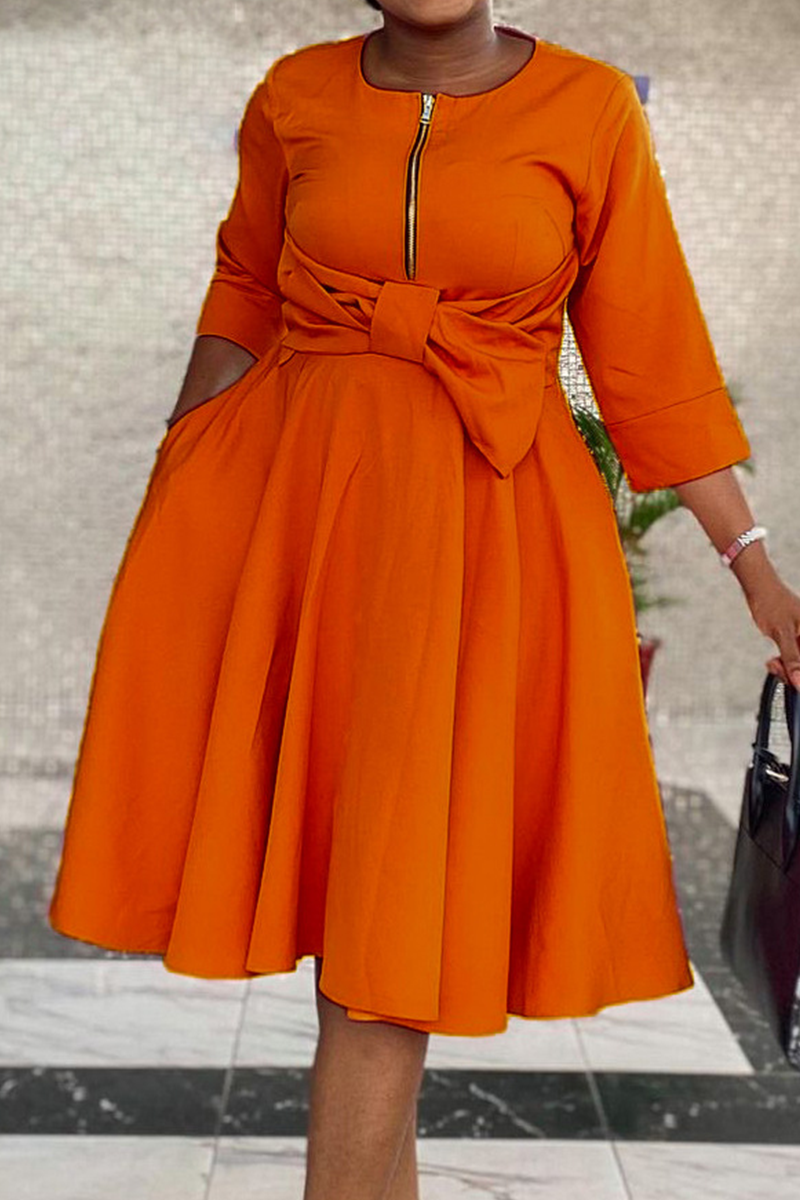 Tangerine Red Casual Solid Split Joint O Neck Cake Skirt Dresses