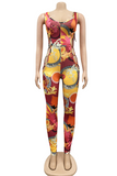 Rose Red Sexy Print Hollowed Out V Neck Skinny Jumpsuits