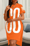 Orange Casual Print Slit O Neck Straight Plus Size Dresses