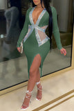 Green Fashion Sexy Patchwork Slit Hot Drill V Neck Long Sleeve Dresses